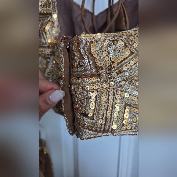 Golden Brown Net Embroidered Lehenga Choli - Picture 12 of 13